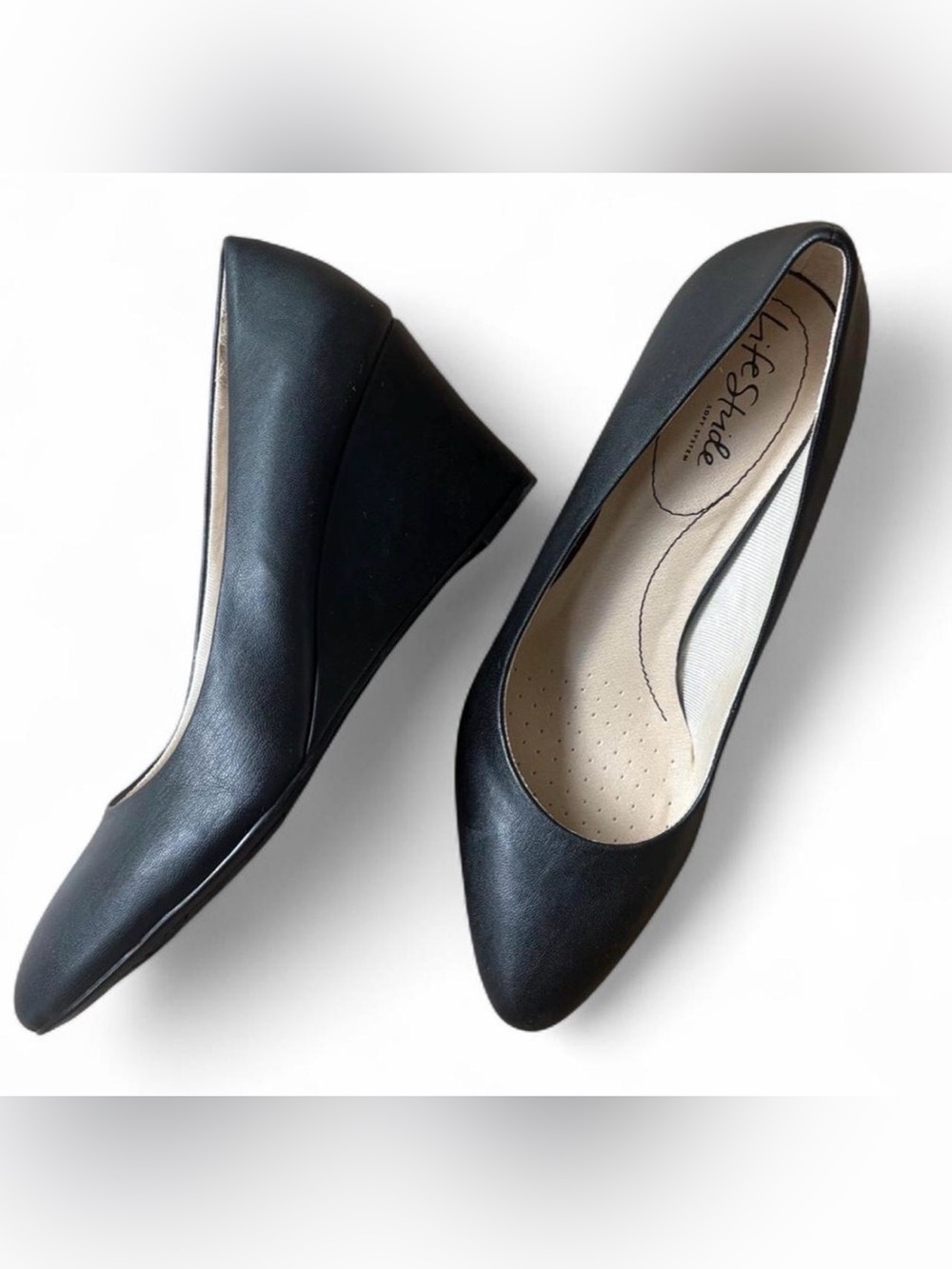 LifeStride Black Faux Leather Wedge Pumps Sz 10